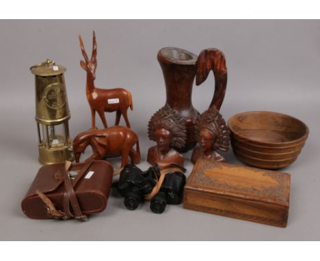 An Eccles type 6 brass miners lamp, pair of German binoculars Spaeher 8 x 30 Wetzlar along with a quantity of treen items.