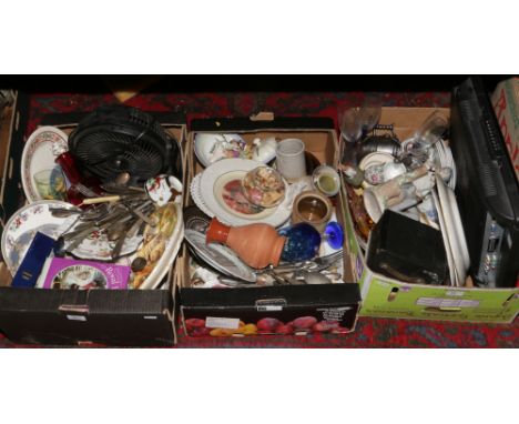 Three boxes of miscellaneous to include DVD TV, Lladro style figure, cutlery, box camera etc.