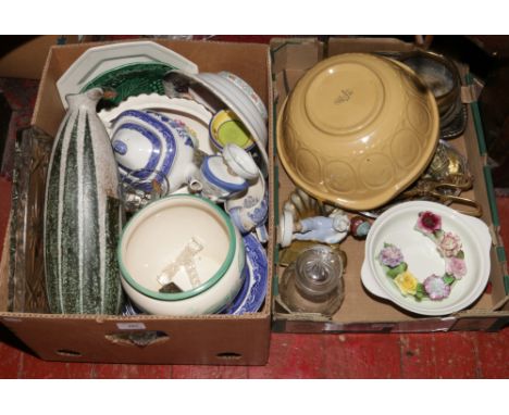 Two boxes of miscellaneous to include blue and white, glassware, J &amp; G Meakin, metalwares etc.