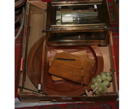 A mixed group to include wall mounting light, oak and glass book trough, onyx grapes and wooden dish.