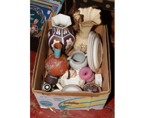 A box of miscellaneous including silver plate, large decorative vases, Wedgwood, Goebel, bone china, Guinness advertising cru