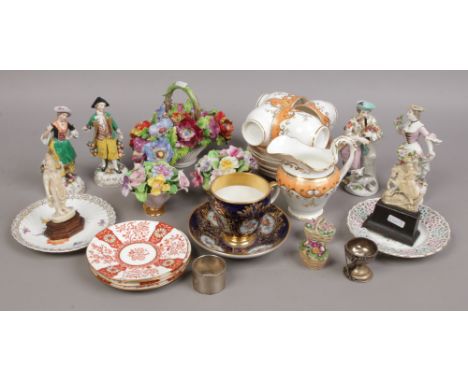 A collection of mainly ceramics including KPM breakfast cup, Samson Chelsea figures, china posies, Dresden, carved ivory figu