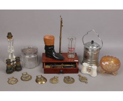 A group of collectables including early 20th century cased balance scales, vintage cut glass lamp base, opera glasses, chrome