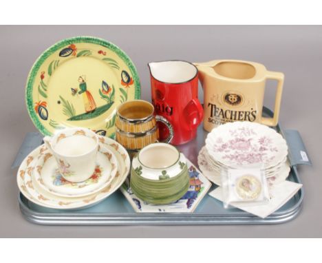 A tray of ceramics to include Royal Doulton Bunnykins, Sadler, Carltonware advertising jug, Quimper etc.