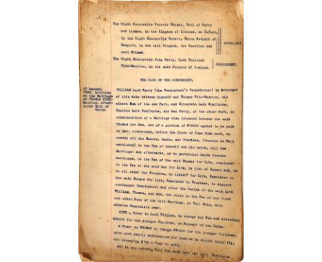 Typescript of a 1752 Court Case Regarding Lands in KerryCo. Kerry:  Typescript (22 pp) of a case to be heard by the Irish Hou