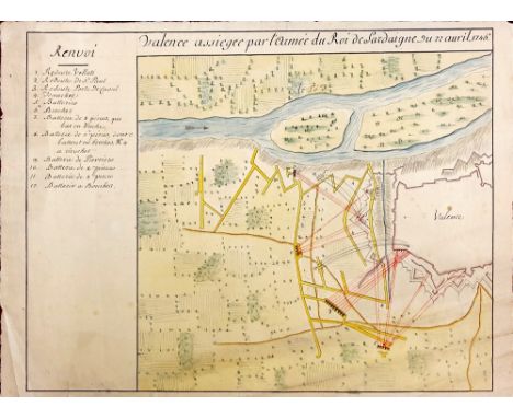 Manuscript Plan: Valence assiegee par l'Armee du Roi de Sardaigne du 22 Avril 1746. A coloured hand drawn battle plan, approx
