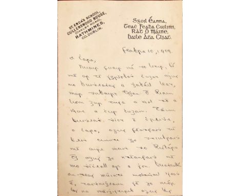 Signed by P.H. PearsePearse (Padraig) A two page Manuscript Letter in Irish on Scoil Eanna (Rathmines) notepaper address to "