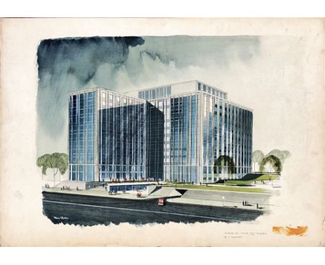 Brian HalloranWatercolour: Sketch of proposed Civic Offices, Wood Quay, Dublin, signed on board, aprox. 53cms x 76cms (21" x 