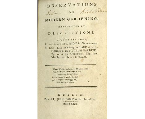 [Whately (Thos. & Payne (Thos.)] Observations on Modern Gardening, Illustrated by Descriptions, 12mo D. (John Exshaw) 1770. F
