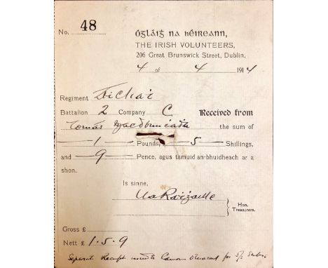 [MacDonagh  (Thomas), 1916 signatory]   A receipt on Irish Volunteers paper, printed form with manuscript details,  completed