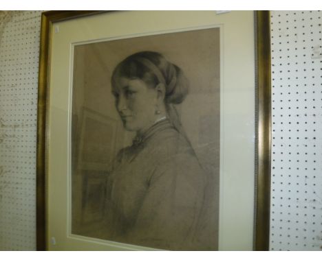 SAMUEL LAURENCE "Woman with ribbon in her hair and pearl earrings", a portrait study, head and shoulders, charcoal, signed an