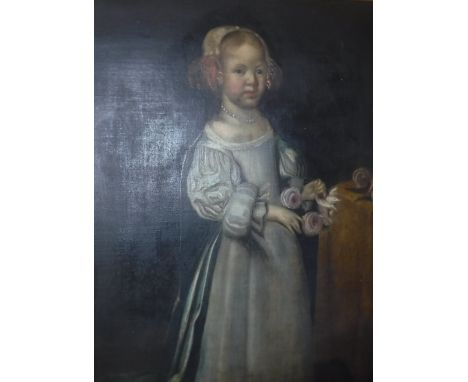 ATTRIBUTED TO DANIEL MYTENS "Daughter of Wm Ffarington", a portrait study, full length, oil on canvas, unsigned, inscribed on