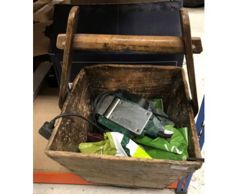 A box of  various sundries including knife rack, kitchen utensils, storage jars, plated cutlery, etc, a wooden rice trug, Bos