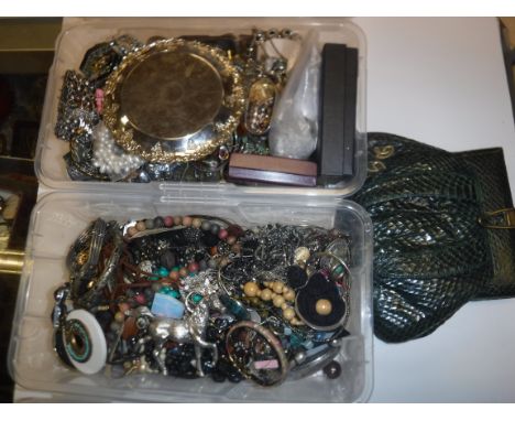 Two boxes of assorted modern costume jewellery, together with a vintage dyed green snakeskin handbag, initialled "DG" to fron