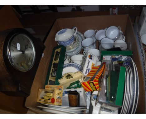 A box containing assorted china wares to include dinner plates by Wood &amp; Sons "Fibre", various collector's cars to includ