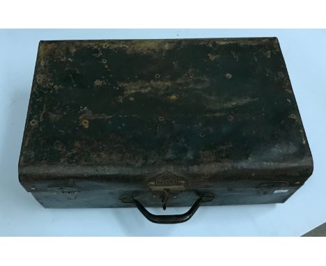 A vintage style painted old steel trunk, approx 25 cm high including handle