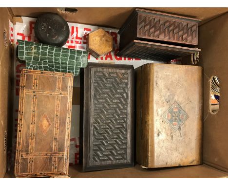 A Victorian walnut and parquetry work banded two section tea caddy, a Victorian walnut box, two carved oak boxes with lattice