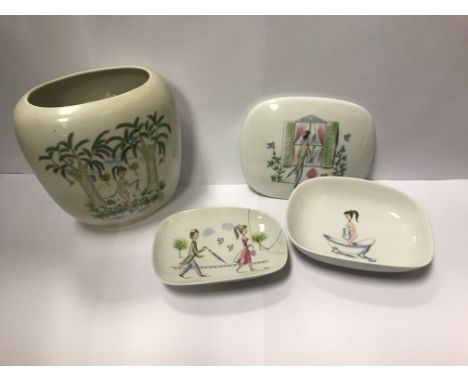 A collection of Rosenthal 5 pieces of porcelain depicting scenes AFTER PEYNET including risque soap dish and cover , 2 figure