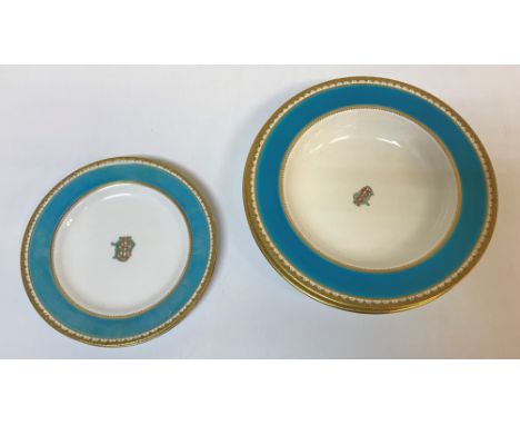 A late 19th Century Copeland's china / Spode Copeland turquoise banded and gilt decorated part dinner service bearing central