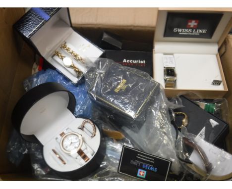 A box of assorted modern wristwatches to include Rotary, Sekonda, Swatch, etc
