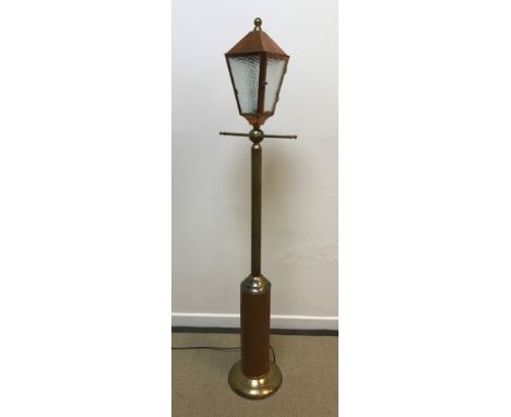 A modern brass and copper standard lamp as a Victorian street lamp, 171 cm high