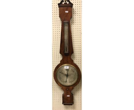 A 19th Century mahogany banjo barometer thermometer with alcohol thermometer and circular silvered dial, 98 cm high x 26 cm w