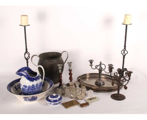 Various items, to include a mother of pearl inlaid burr wood pocket snuff box, wrought iron candlesticks, a copper twin handl