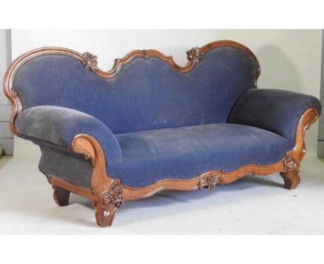 A large continental blue upholstered show frame sofa, 19th century, carved with swans to the arms, w.220cm