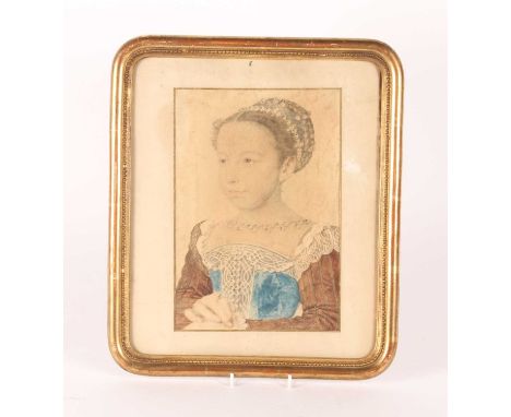 After Francois Clouet (1515-1572), portrait of a young girl, 28 x 19cm, housed in a curved giltwood frame