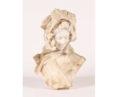 Professor Antonio Frilli (Italian, 1830-1902), a carved white marble portrait bust of a young lady, shown wearing a frilly bo