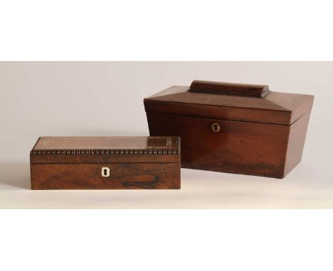 A mahogany tea caddy, 19th century, of sarcophagus form, lacking interior, width 28cm, together with a rosewood and mother of
