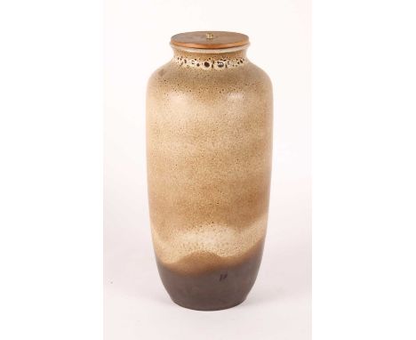A large West German pottery vase, 20th century, having a mottled brown glaze, lamp fitting to top, h.45cm