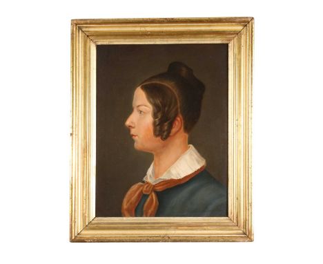 English School (19th century), Profile portrait of a young woman, oil on board, 40 x 30cm, housed in a gilt frame, paper labe