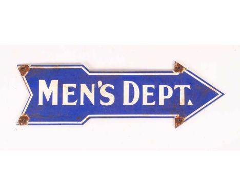 An enamel on metal sign, in the form of an arrow, inscribed Men's Dept., 13 x 40cm