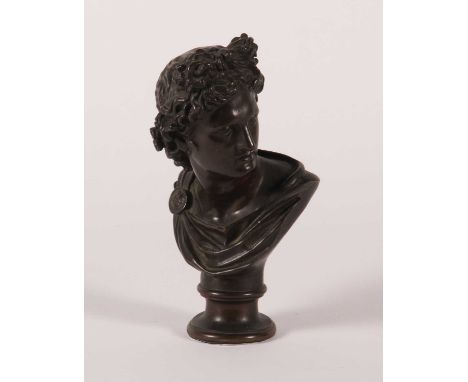 A bronze head and shoulders bust of Apollo Belvedere, upon a socle plinth, height 28cmGood condition. Inscribed Garbedienne F