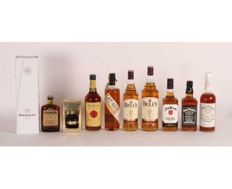 A collection of spirits, to include Momont vodka, Martell Cognac, Chambord liqueur, Four Roses bourbon, Lot 40 single malt wh