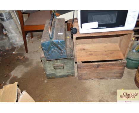A cantilever tool box and contents together with a pine box and contents of various hand tools