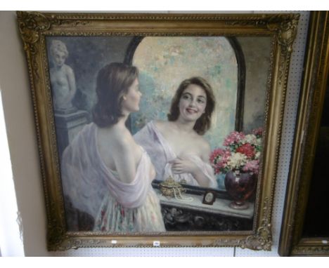 A LARGE SIGNED OIL PAINTING ON CANVAS OF AN ELEGANT LADY GAZING INTO A MIRROR 