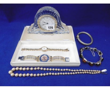 A LADIES SWATCH WATCH, SILVER AND AMBER BRACELET, WATERFORD CLOCK ETC