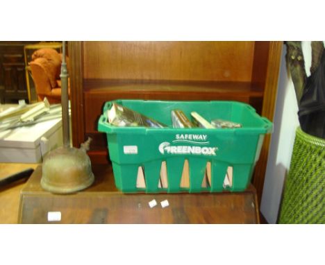 Box of books & vintage paraffin lamp