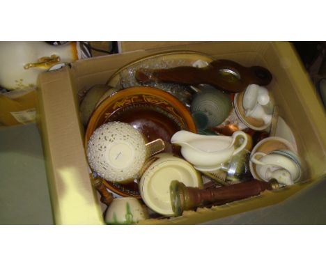 6 x boxes of china glass and oddments, rumtopft, barometer etc.