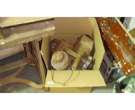 Box of old coaching lamps, Tilley type lamp and 2 x brass coal box & brass companion set