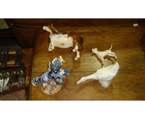 Beswick hound (restored leg), Beswick Skewbald pony (restored leg), Beswick Blue Jay (chip to base) Nao goose