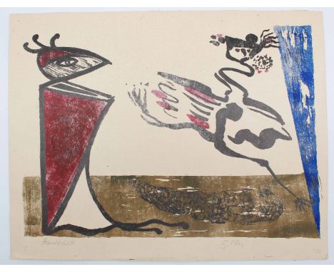   Werner GILLES (1894 - 1961). Springender Tod.  22 cm x 29,5 cm. Farblithographie. Unten Mitte signiert. Links unten bezeich