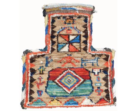   Gabbeh Salztasche. Kurdistan. Wolle auf Wolle. Antik, circa 120 - 160 Jahre alt.  30 cm x 27 cm. Handgeknüpft. Wolle auf Wo
