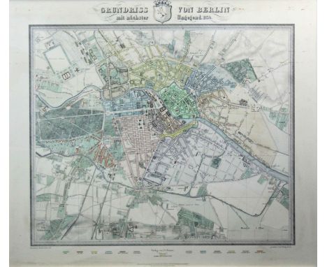   Grundriss von Berlin mit nächster Umgebung 1850.  58 cm x 69 cm das Blatt. Kolorierte Karte. Wohl Lithographie.    Versand 
