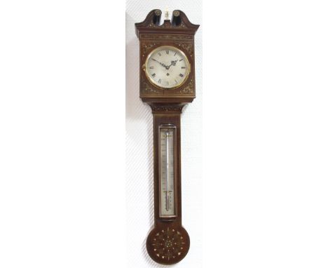   Wanduhr mit Thermometer. "J. Somalvico  Co. London".  100 cm x 20 cm. Holzgehäuse mit Beinvase und Einlagen Perlmutt. J. So