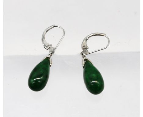 A pair of "585" stamped White Metal Jade? Droplet Earrings. The Teardrop Shaped Cabochon Jade? pieces measure approx. 1.5cm i