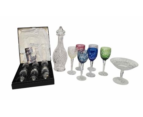 A Waterford crystal wine decanter, comport, boxed sherry glasses and a set of six Royal Albert Crystal Harlequin glasses.