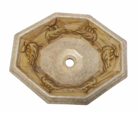 A hand painted Faenza drop in ceramic sink. A classical design, Marble effect and painted in tones of cream and yellow.  leng